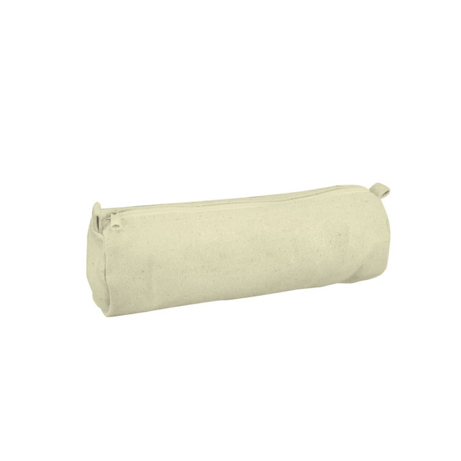 A cylindrical, cream-coloured canvas pencil case with a zip closure and a logo.