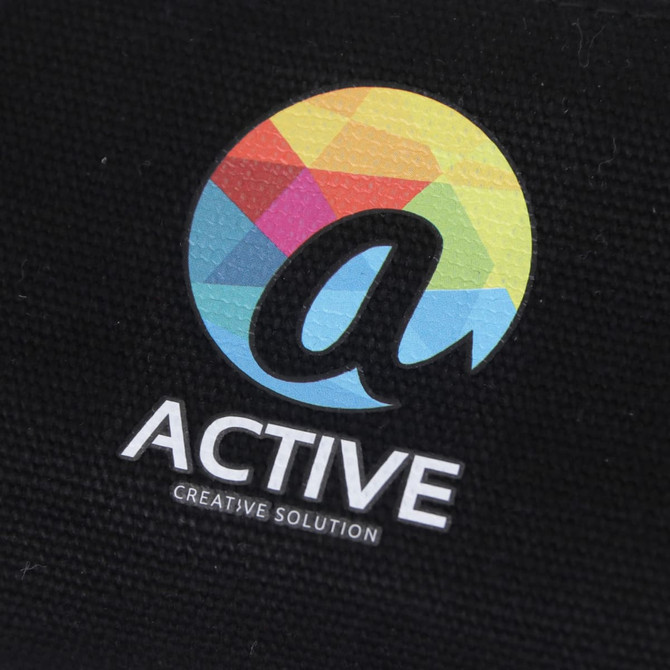 A black canvas pencil case featuring a colourful logo. Suitable for office and business use.