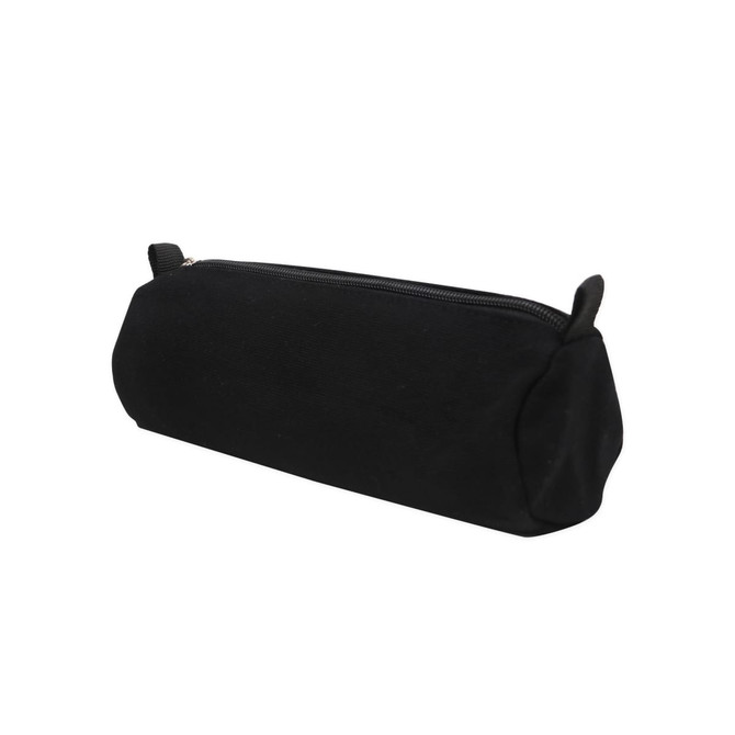 A black canvas pencil case with a zip closure and two side handles. The design is sleek and simple.