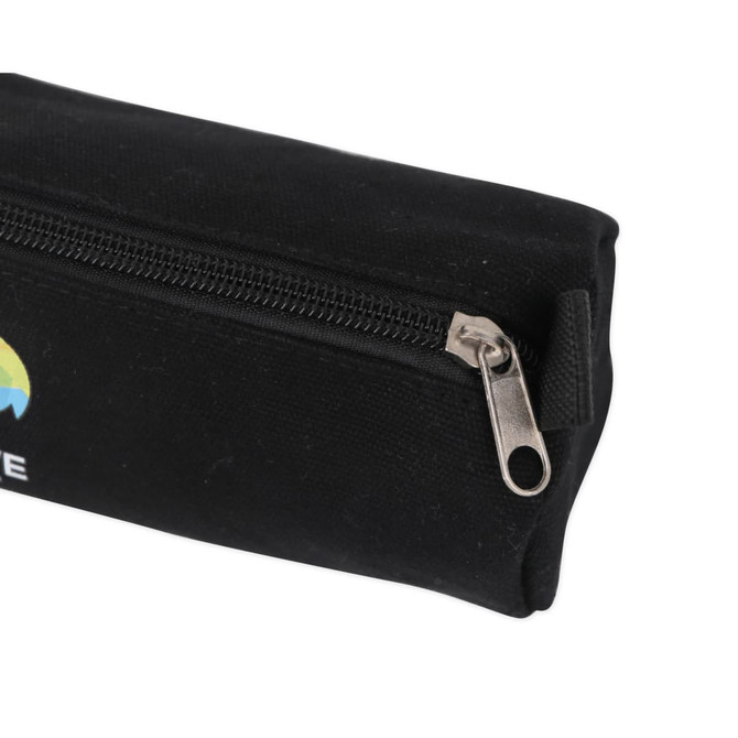A black canvas pencil case with a zip closure and a logo on one side.