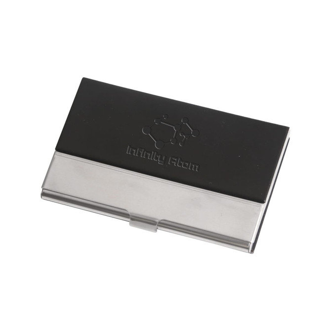 A sleek black and silver PU leather business card holder featuring a logo.