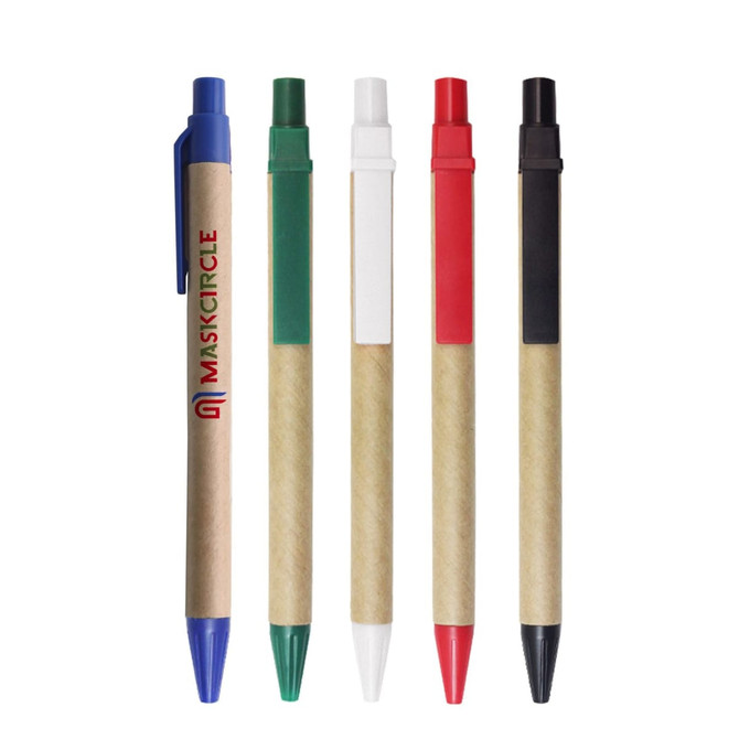 A set of five Kraft paper ball pens in blue, green, red, white, and black with a logo on one pen.