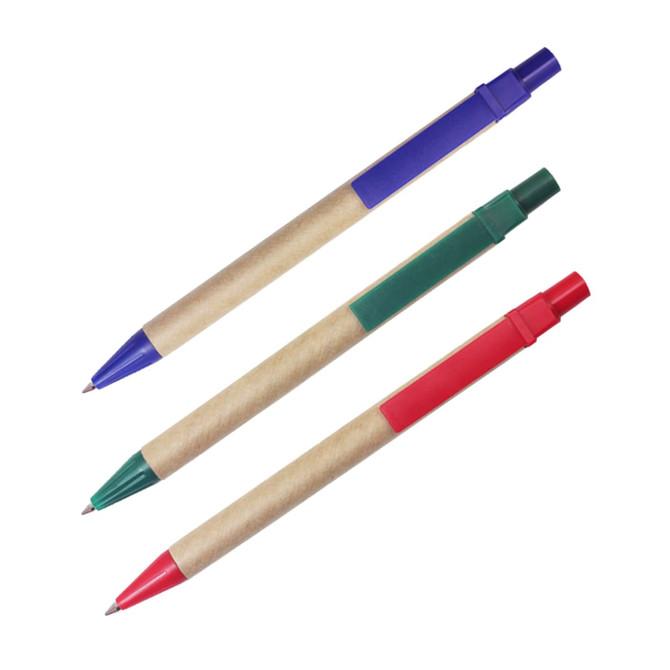 Three Kraft Paper Ball Pens in blue, green, and red, featuring plastic tips and grips. Each pen has a branding logo.