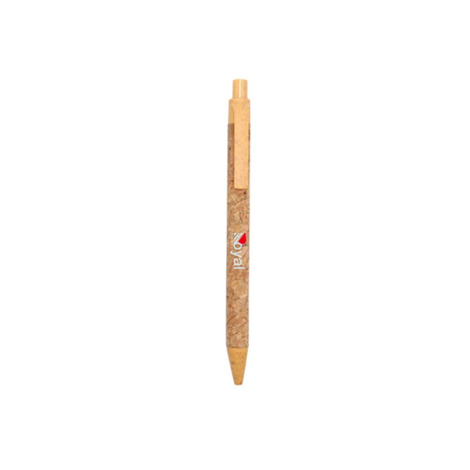 An eco-friendly cork pen in brown with a clip and branding on the side.