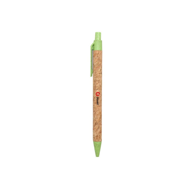 An eco-friendly pen with a cork barrel and green accents, featuring a branding logo.