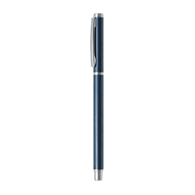 A sleek blue aluminium gel pen with a silver clip and accents, featuring a branding logo.