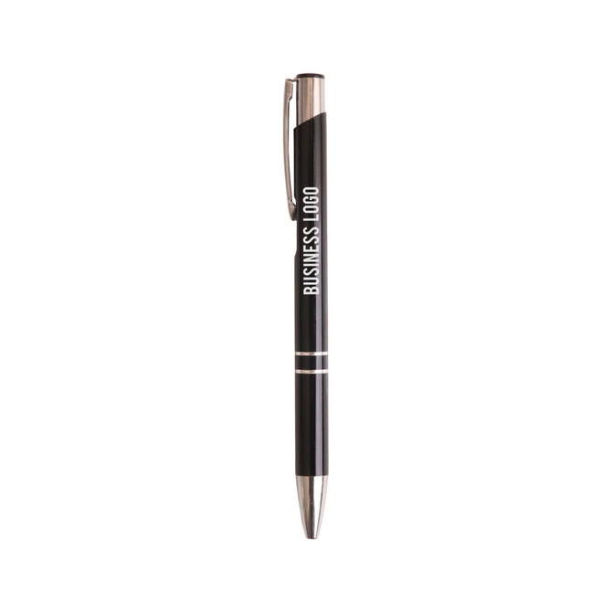 A black aluminium click pen featuring a silver clip and accents, with a logo displayed on the barrel.