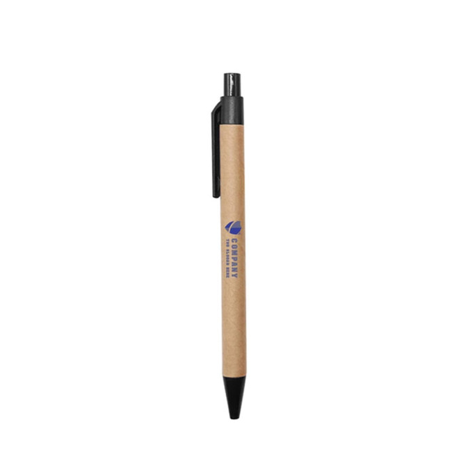 A Kraft paper pen with a black plastic tip and clip, featuring an printed logo.