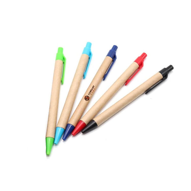 A set of five Kraft Paper Pens in green, blue, red, black, and a natural paper finish with a logo.