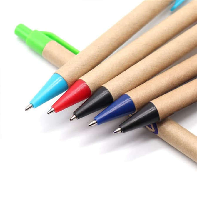 A collection of kraft paper pens in various colours: green, blue, red, black, and blue, featuring plastic tips.