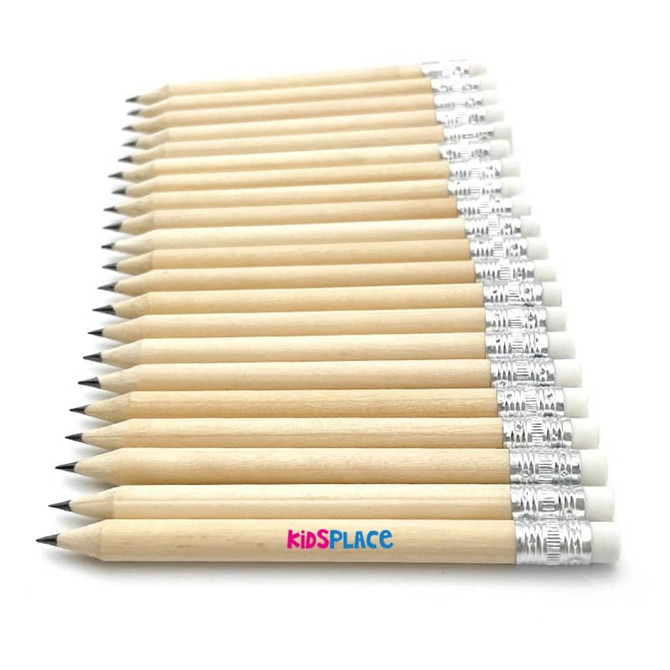 A set of short grey-lead pencils with erasers, featuring natural wooden bodies and silver ferrules.