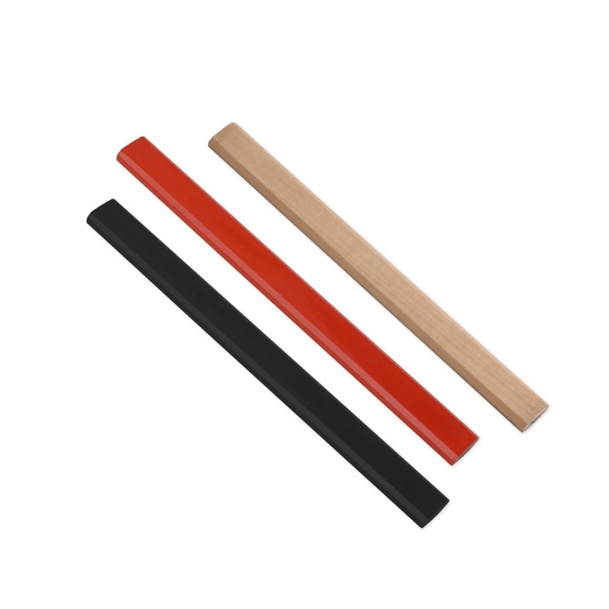 Three grey-lead pencils in red, black, and natural wood finishes, featuring a logo on one.
