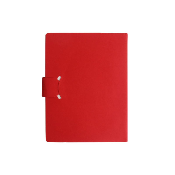 A red folder featuring a clasp design, suitable for holding sticky notes and flags. It has a simple, branded logo.