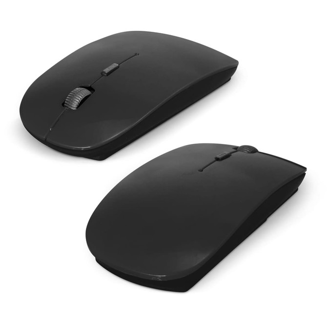 A black travel mouse with a sleek design, featuring a scroll wheel and a branding logo.