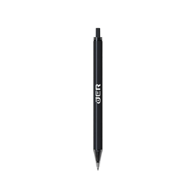 A plastic pen with a sleek black barrel, featuring a clip and a brand logo.