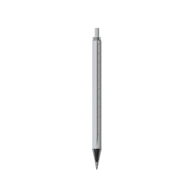 A ruler pen with a grey barrel and a black tip, featuring measurement markings along the side. Includes branding.