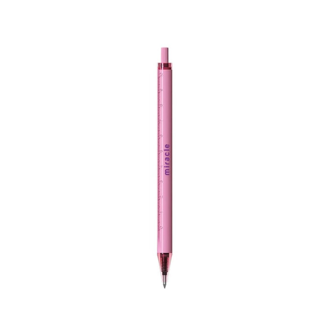 A pink plastic pen with a ruler design on the barrel and a silver writing tip. It features a logo on the side.
