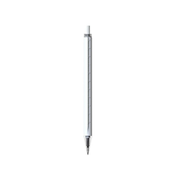 A white pen with a ruler printed on the barrel and a silver clip. It features a branding logo.