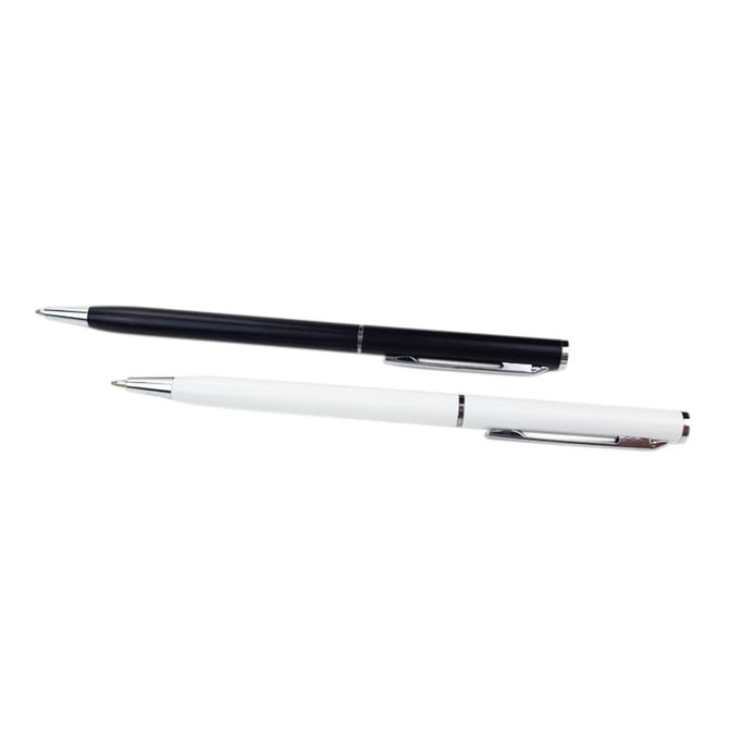 Two Aluminium Cross Pens in black and white, featuring sleek designs and metal finishes. Each pen has a branding logo.