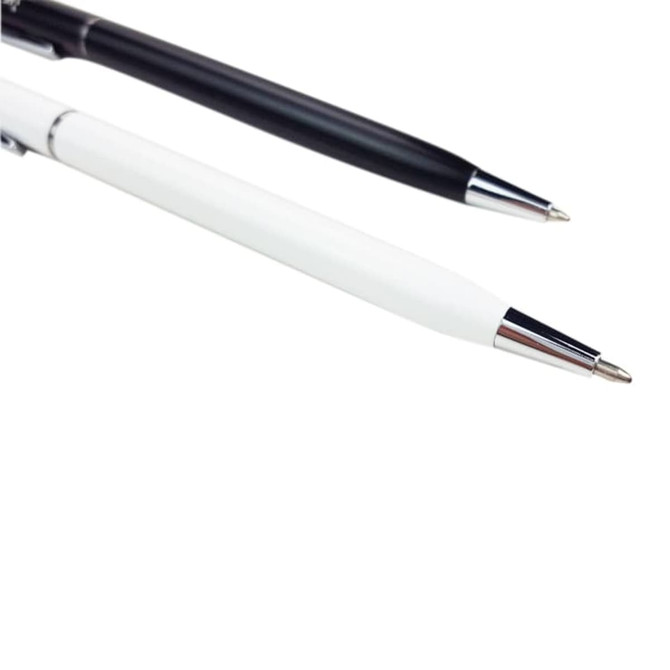 Aluminium Cross Pens in black and white, featuring chrome accents and a branding logo on the surface.