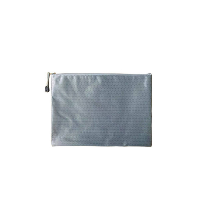 A grey zip bag with a textured pattern, featuring a zipper closure and a small tag.