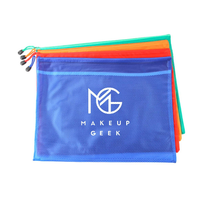 A set of A5 zippered pouch bags in blue, orange, and green, featuring a logo on the front of the blue pouch.