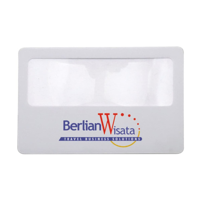 A clear PVC magnifier card with a white frame and a logo in blue and red. Suitable for office use.