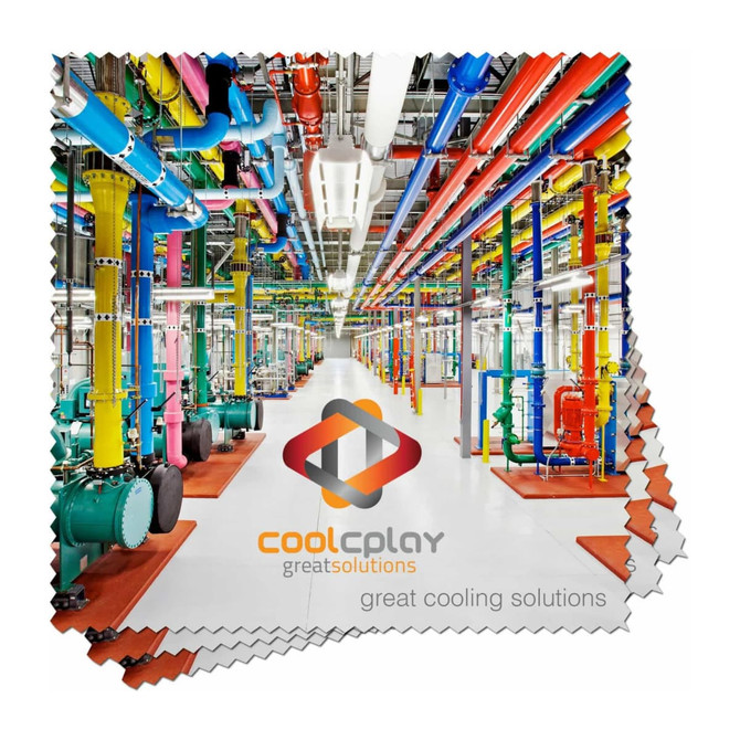 A microfibre lens cloth featuring a vibrant colourful design with pipes and machinery, and a logo at the centre.