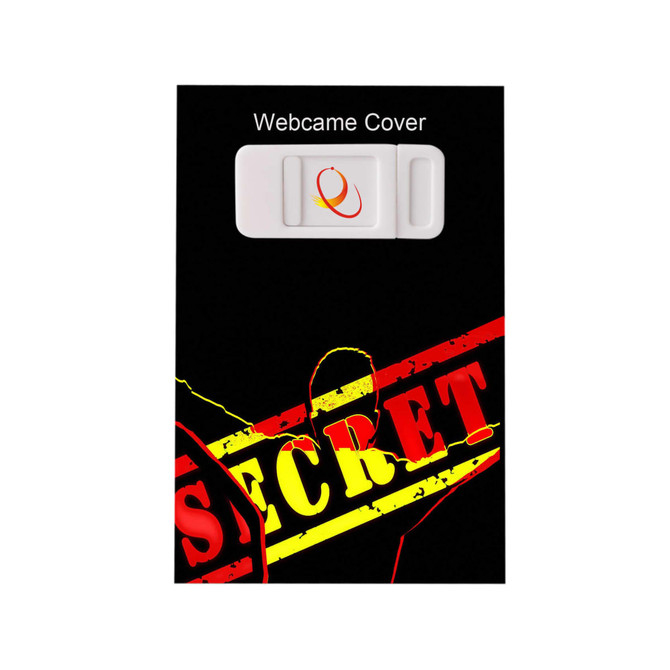 A sliding webcam cover in white, featuring a black background with a red and yellow design and a logo.