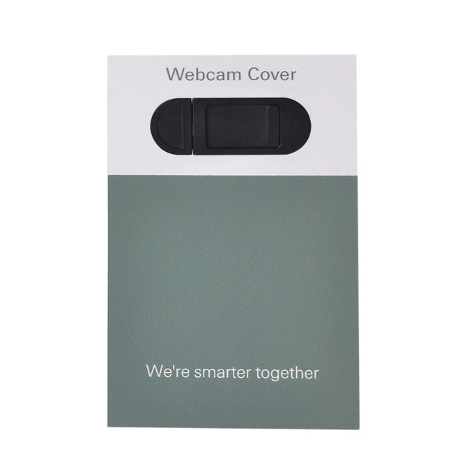 A tablet webcam cover in green with a black sliding mechanism, featuring a logo and promotional text.