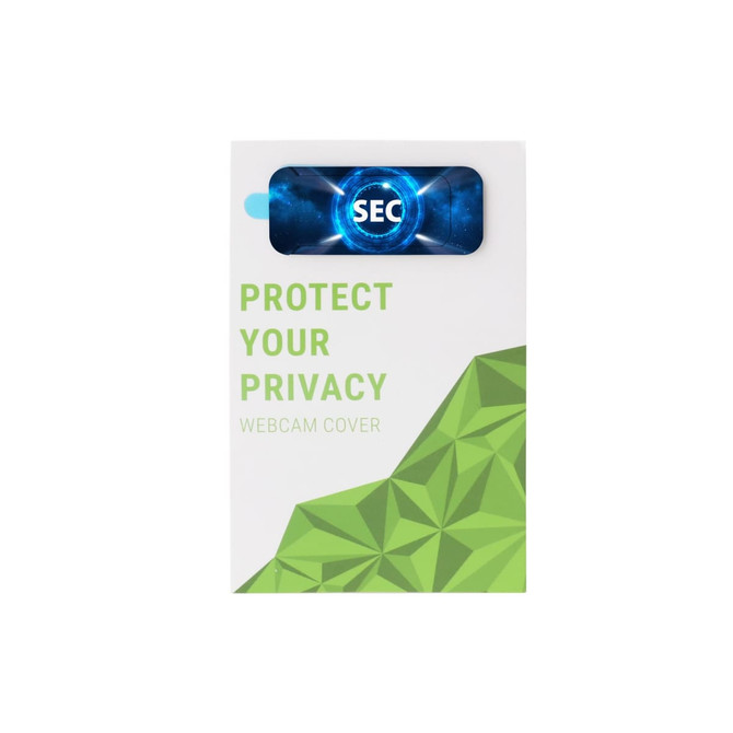 A webcam cover in a white and green package, featuring a logo and a geometric design, promoting privacy protection.