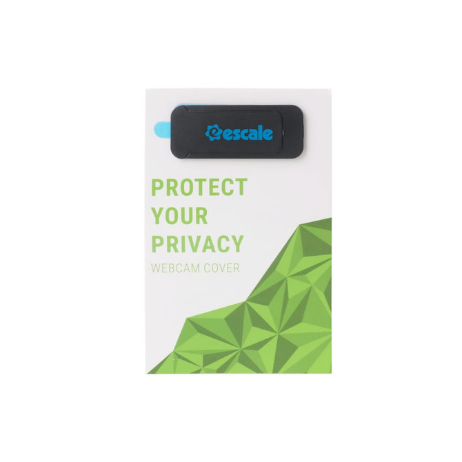 A black webcam cover with a branding logo, displayed on a green and white packaging featuring geometric designs.