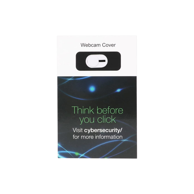 A black mini webcam cover with a sliding mechanism, presented on a white and green packaging background.