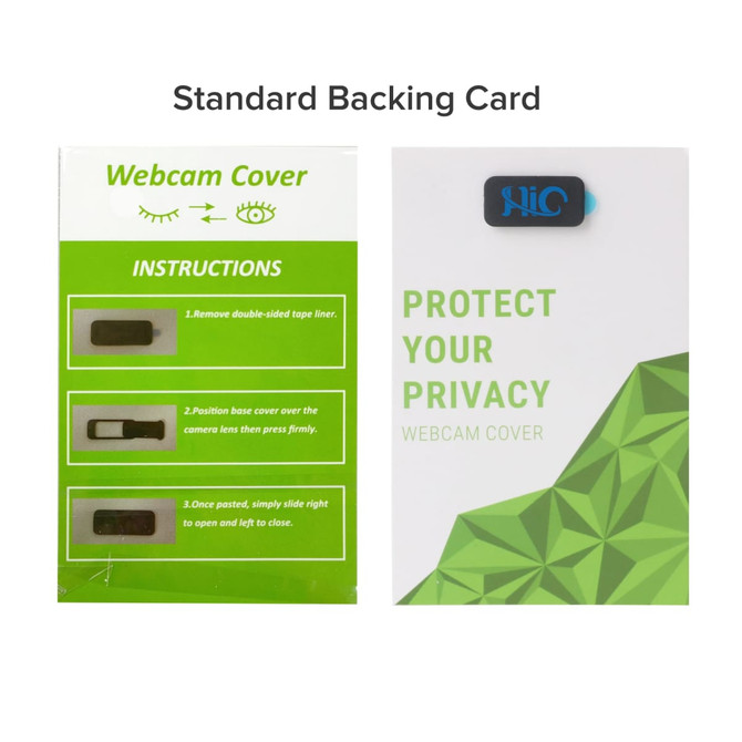 A backing card featuring an upgraded mini webcam cover in black, with instructional graphics and a branding logo.