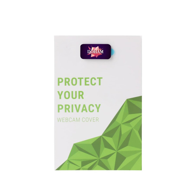A green and white packaging for a mini webcam cover featuring a logo and geometric design.