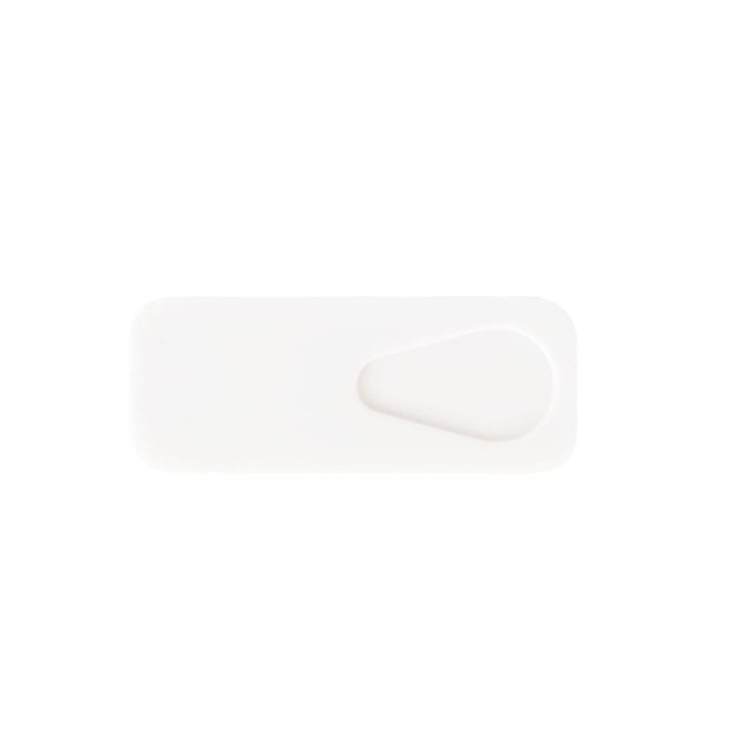A smart webcam cover in white, featuring a simple design with a sliding mechanism. It has a branding logo.