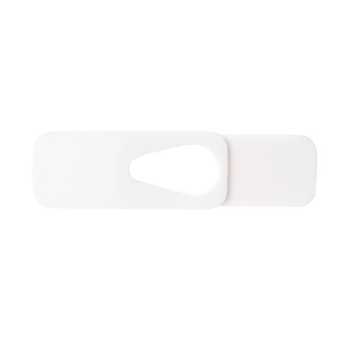 A white smart webcam cover with a sliding mechanism for privacy. Features a minimalistic design.