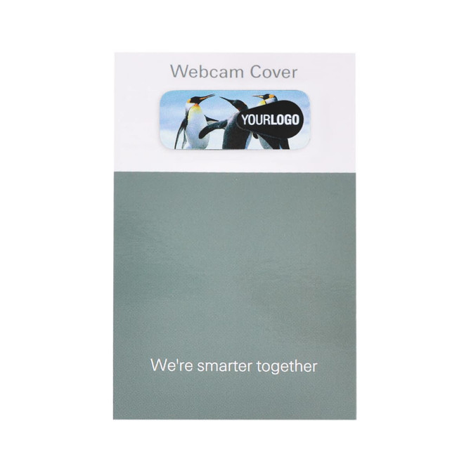 A grey webcam cover with a design featuring penguins and a logo at the top.