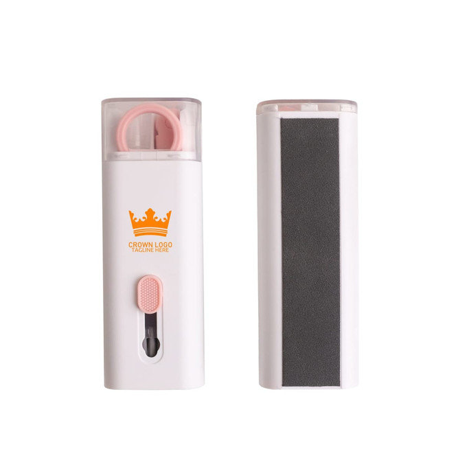 A 7 in 1 cleaning kit featuring a white and pink design, including various cleaning tools and a logo.