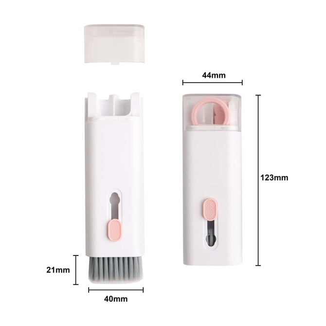 A compact white cleaning kit featuring a brush and a pink silicone attachment, with a protective cover.