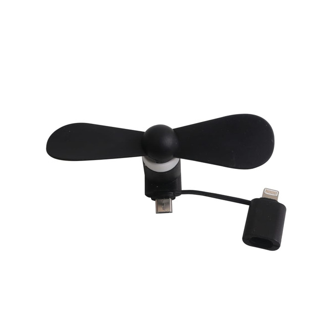 A black 2 in 1 smart phone fan with a USB connector and a compatible adapter.