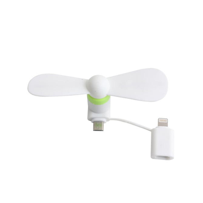 A 2 in 1 smart phone fan in white and green, with connectors for smartphones and a compact design.