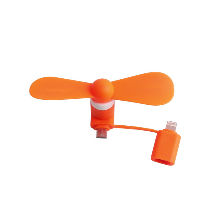A bright orange 2 in 1 smartphone fan with a USB connector and a lightning adapter, ideal for mobile devices.