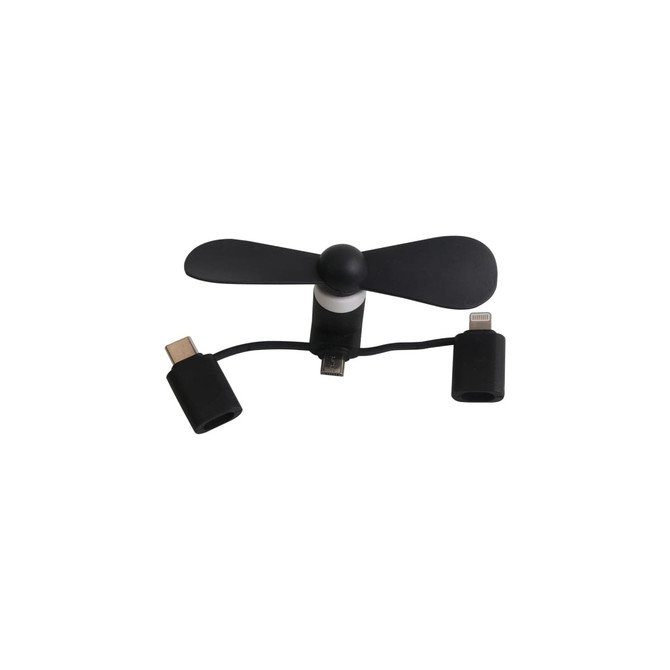 A small black 3 in 1 phone fan with multiple connectors for different devices. It features a compact design and a logo.