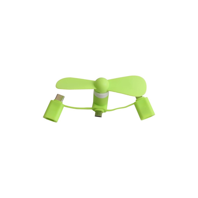 A green 3 in 1 smartphone fan with multiple connector attachments, designed for mobile devices.