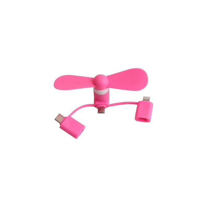A pink 3 in 1 smartphone fan with two connectors, designed for various mobile devices.