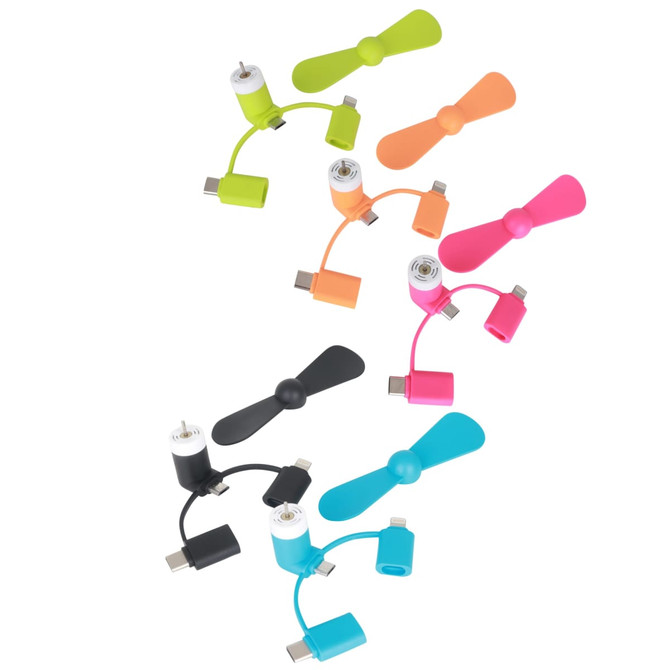 A collection of 3 in 1 smartphone fans in various colours, including black, pink, green, orange, and blue, with connectors.