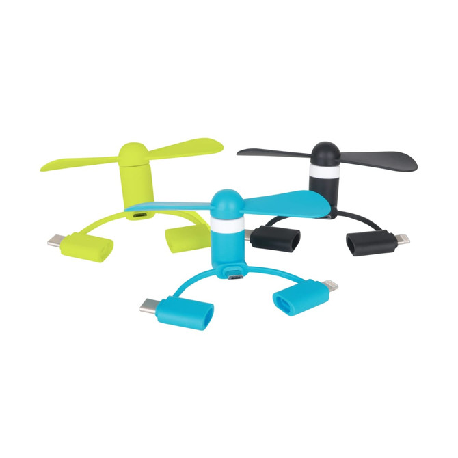 A collection of three smartphone fans in bright green, blue, and black, featuring USB connectors and a compact design.