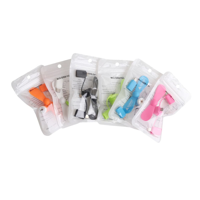 A collection of six packaged 3 in 1 smartphone fans in various colours: pink, green, blue, black, white, and orange.