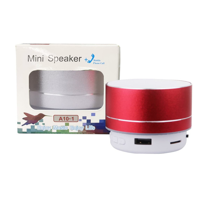 A red and white metal Bluetooth speaker next to its packaging, featuring a branding logo.